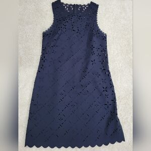 J. Crew floral laser cut scalloped hem sleeveless A line navy shift & slip dress